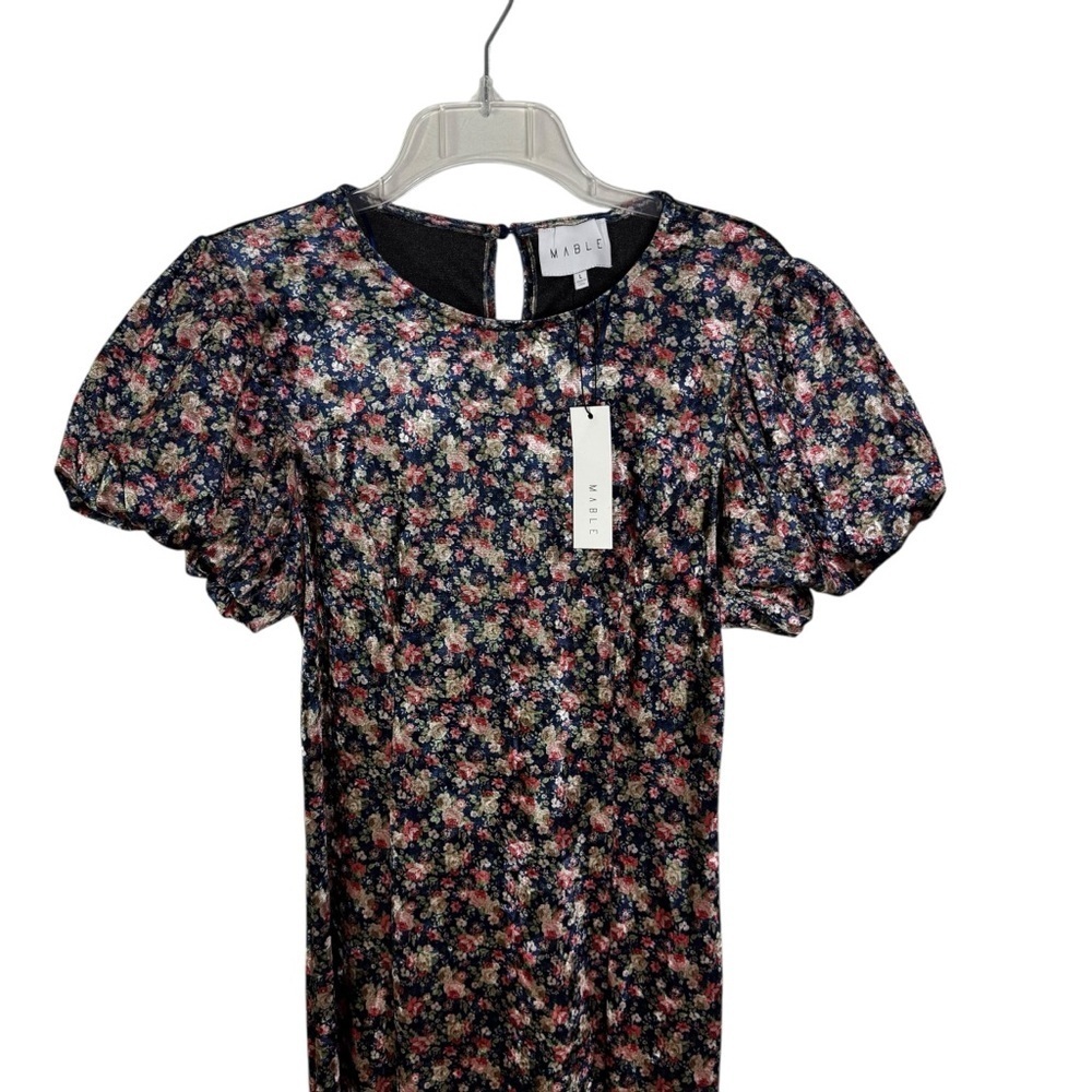 NWT Mable Leighton Floral Velvet Puff Sleeve Midi Dress Navy Size L - Picture 3 of 11